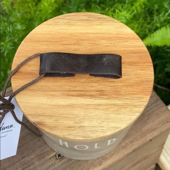 NWT Rae Dunn Beige “HOLD” Ceramic Canister Cellar with wood lid & leather handle - Picture 5 of 11